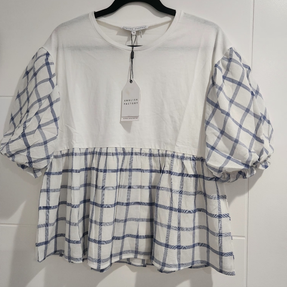NWT English Factory White and Blue Plaid Blouse